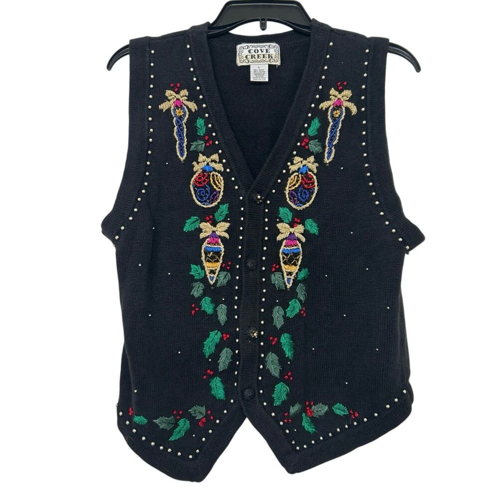 Cove Creek Vintage Holiday Novelty Sweater Vest Embroidered Studded 90s Knit L